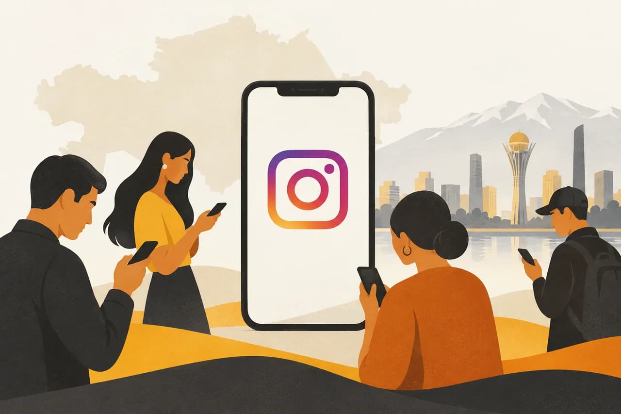 Иллюстрированные пользователи смартфонов вокруг экрана Instagram