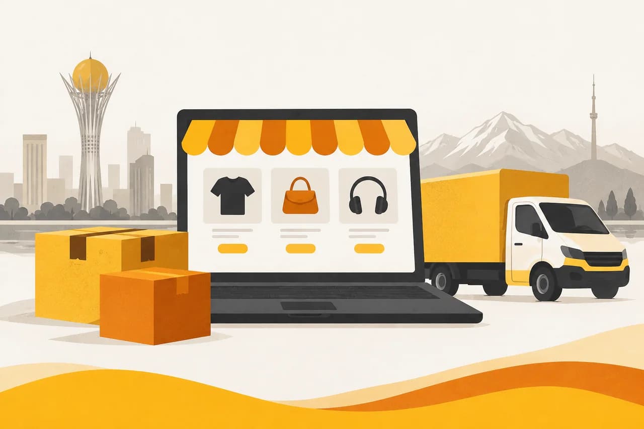 Интернет-магазин, посылки и фургон доставки в единой композиции