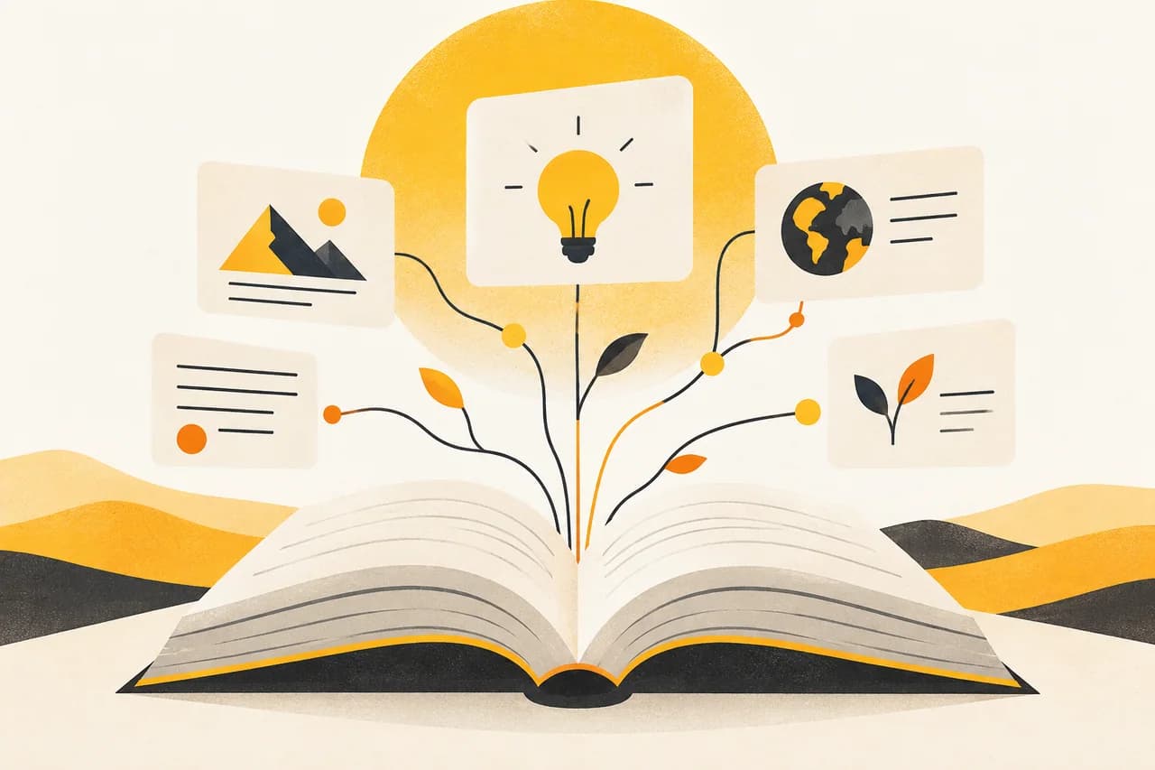Открытая книга соединена с карточками идей, материалов и исследований