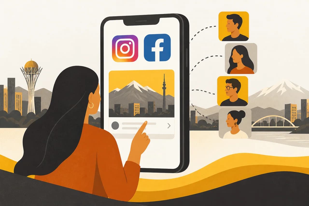 Экран Instagram и Facebook связан с портретами условной рекламной аудитории