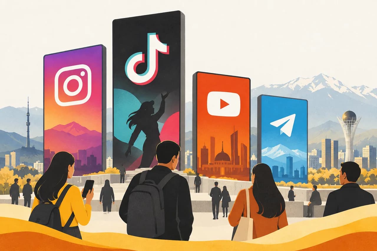 Пользователи перед символическими экранами Instagram, TikTok, YouTube и Telegram