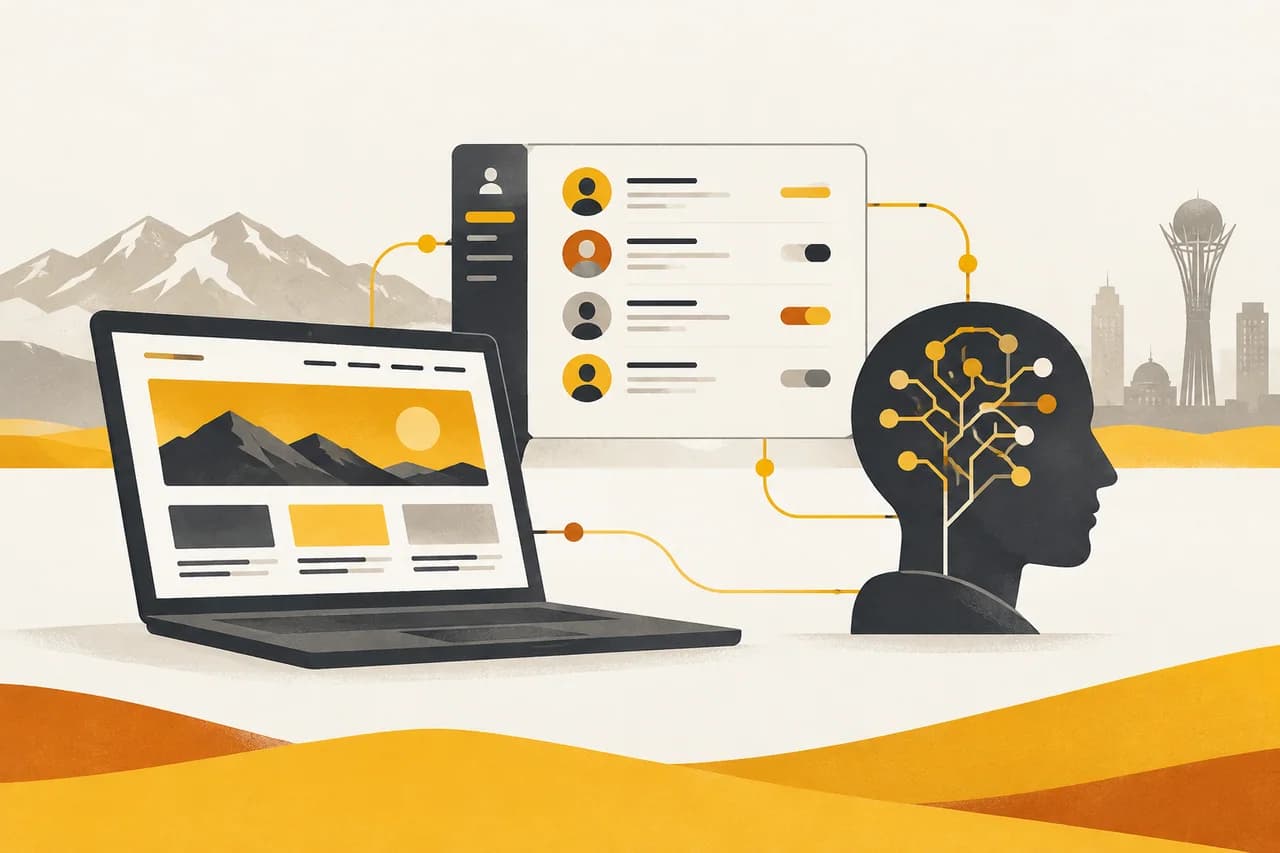 Корпоративный сайт, CRM и символ ИИ соединены в цифровую систему