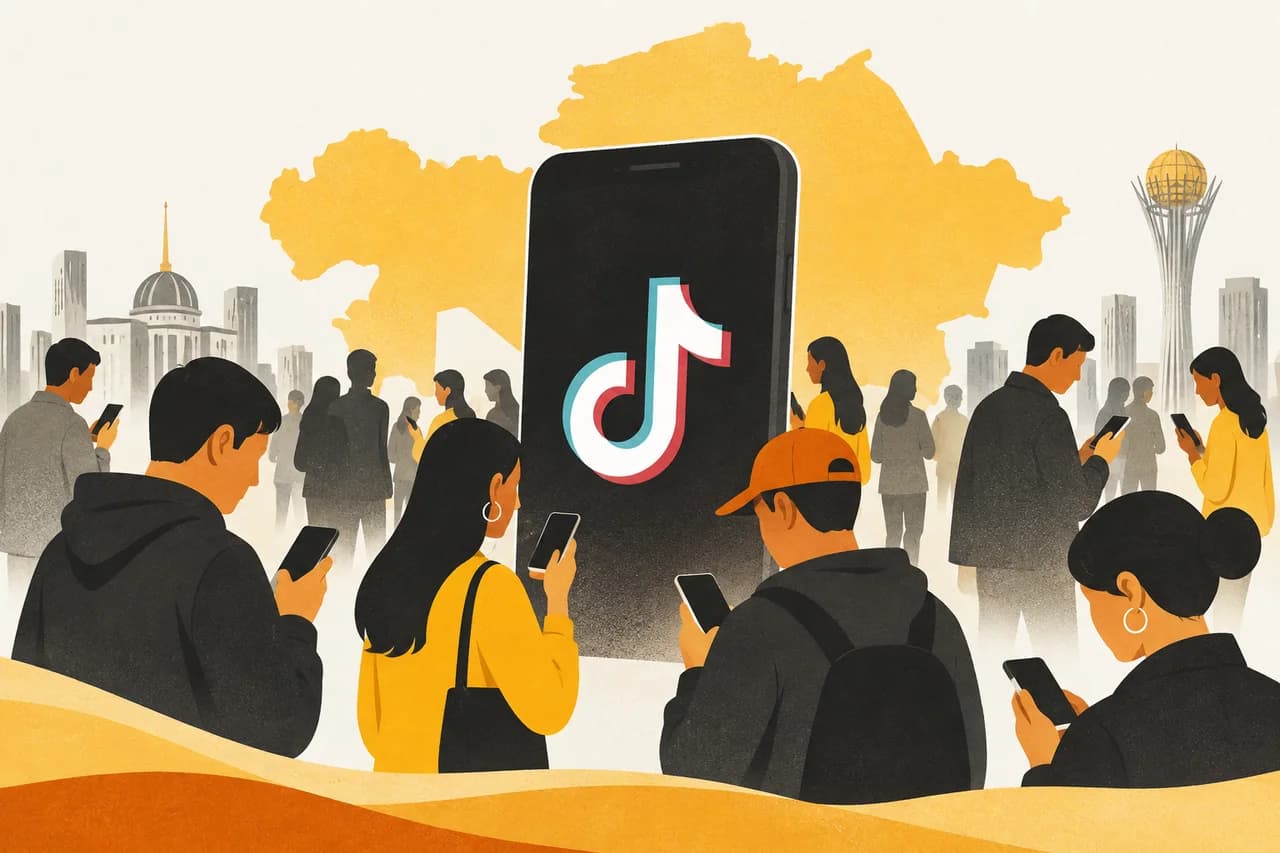 Пользователи смартфонов вокруг символического экрана TikTok